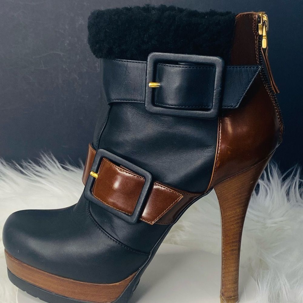 FENDI Moorland Authentic Black & Brown Leather Platform Ankle Boots Size 37